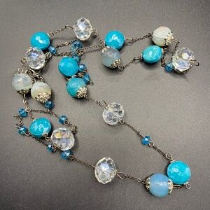 Blue & Crystal Glass & Stone Beads Gunmetal Chain Long Necklace